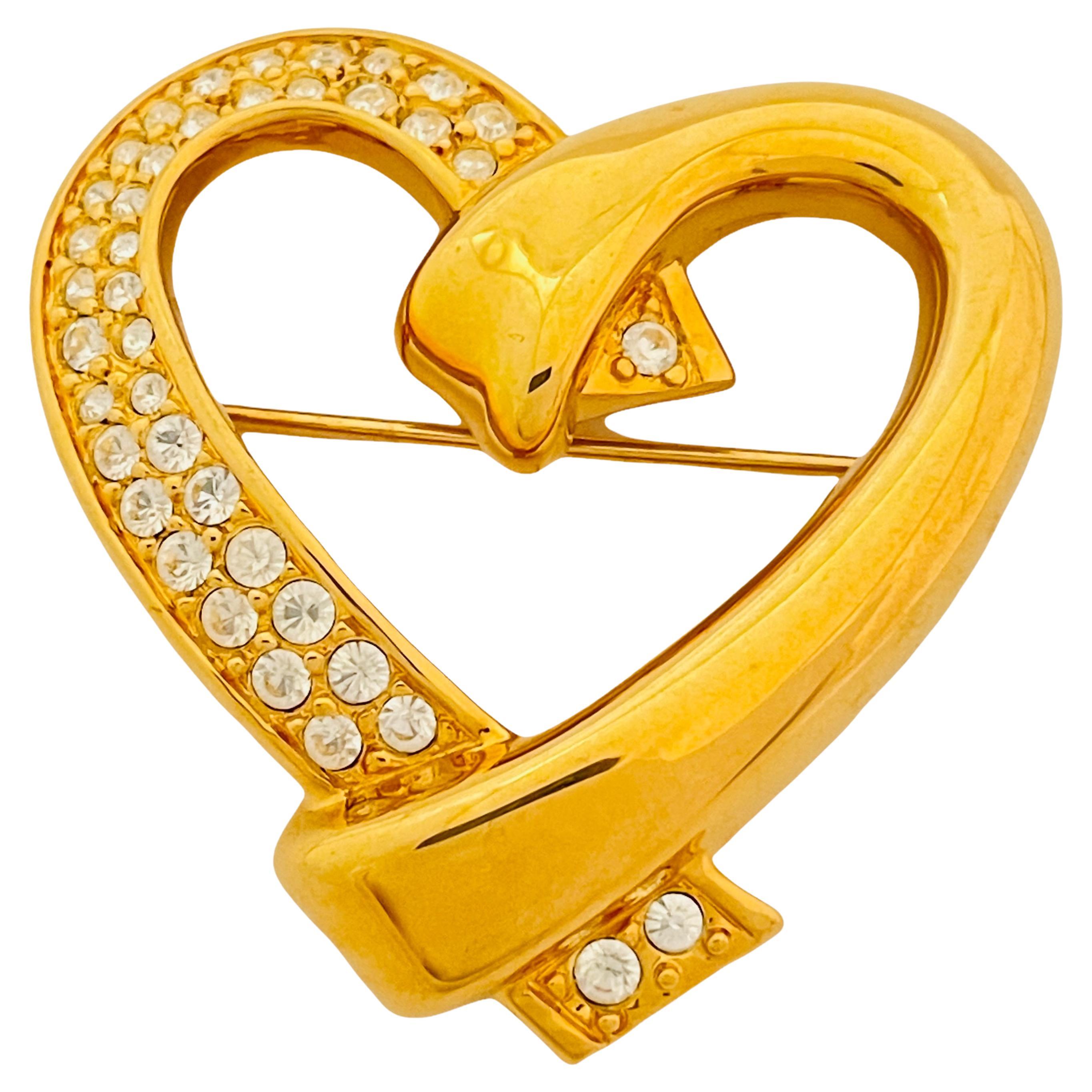 Vintage SWAROVSKI swan gold crystal heart designer runway brooch For Sale