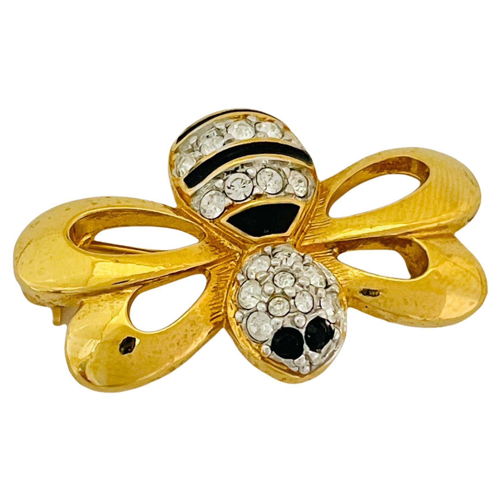 Vintage SWAROVSKI swan signed bee bug gold crystal enamel designer brooch