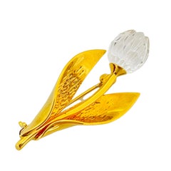 SWAROVSKI Broche vintage signée en forme de tulipe en cristal doré avec motif cygne et fleur