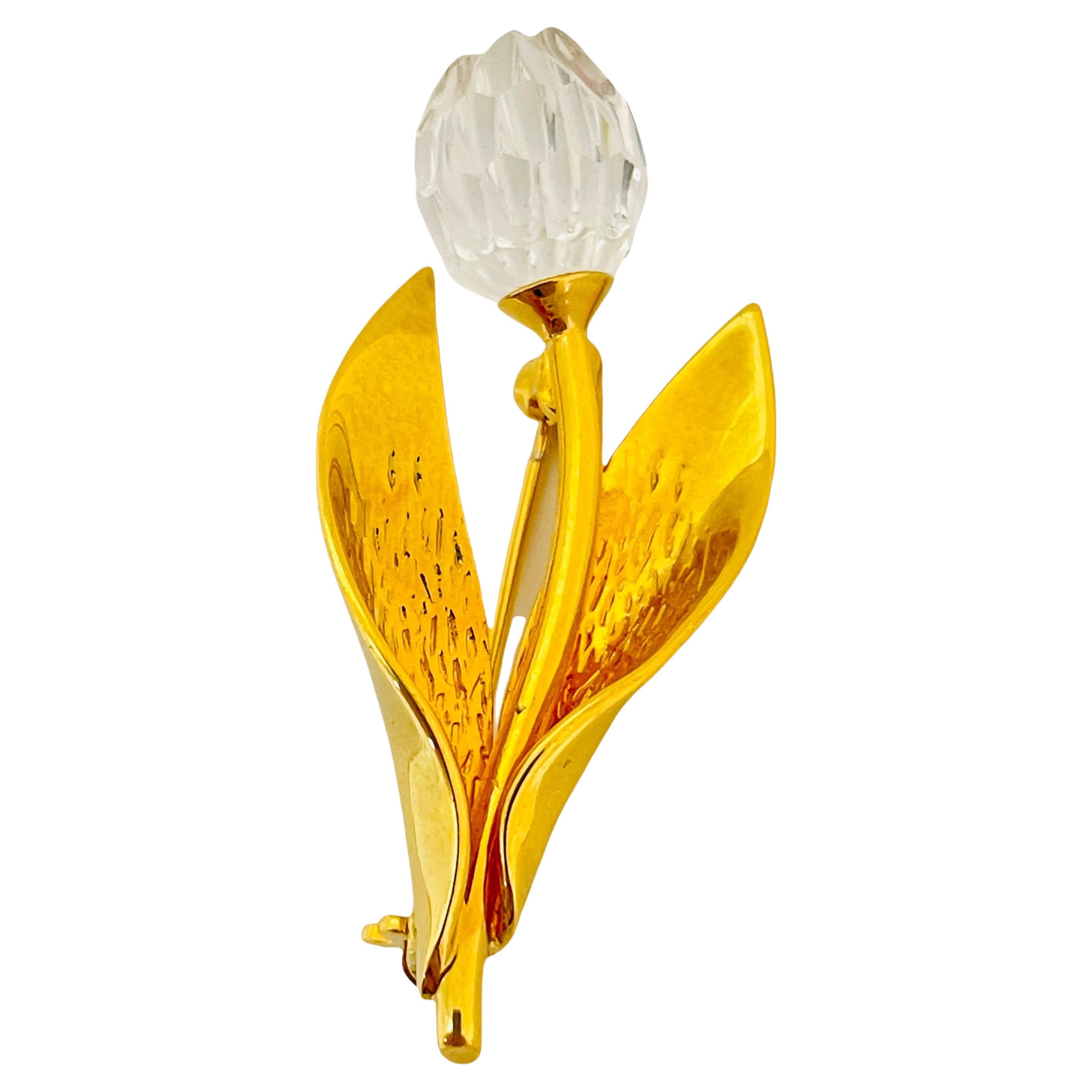 Vintage SWAROVSKI swan signed gold crystal tulip flower designer brooch For Sale