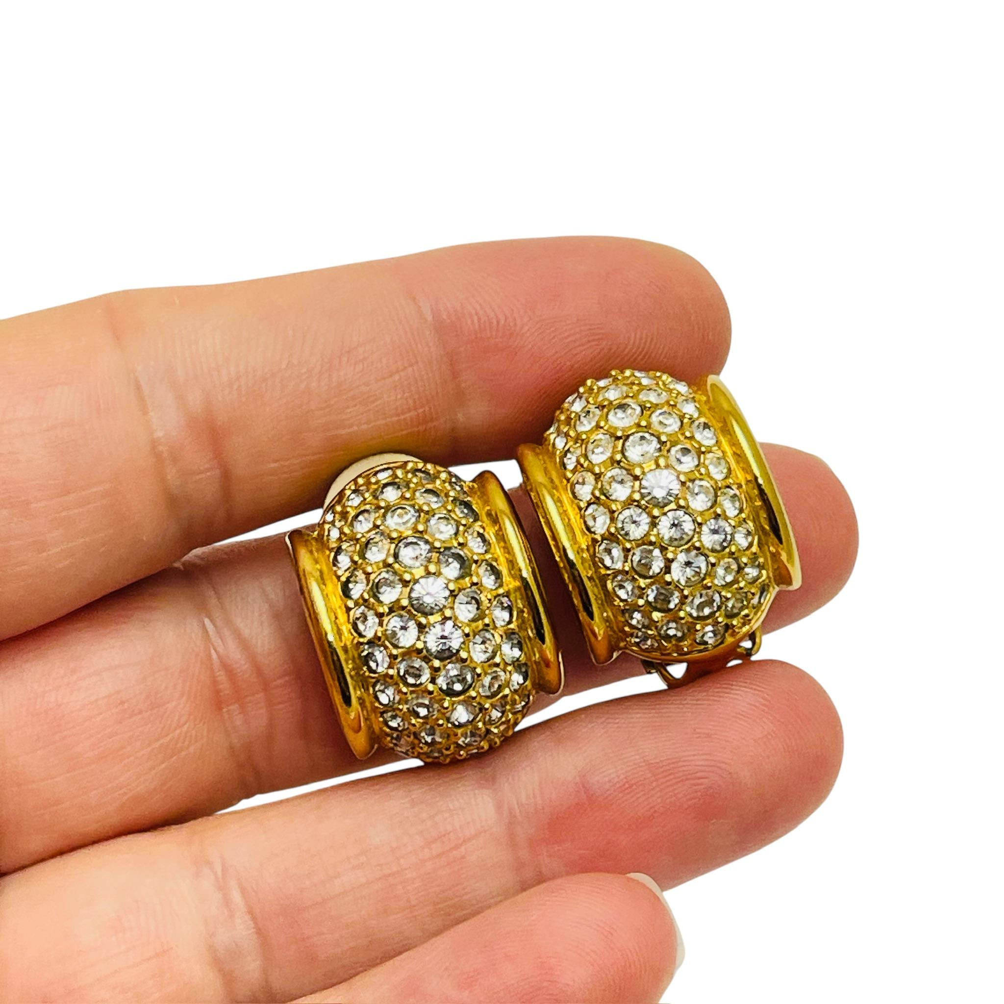 Women's Vintage SWAROVSKI swan signed gold plated crystals designer clip on earrings For Sale