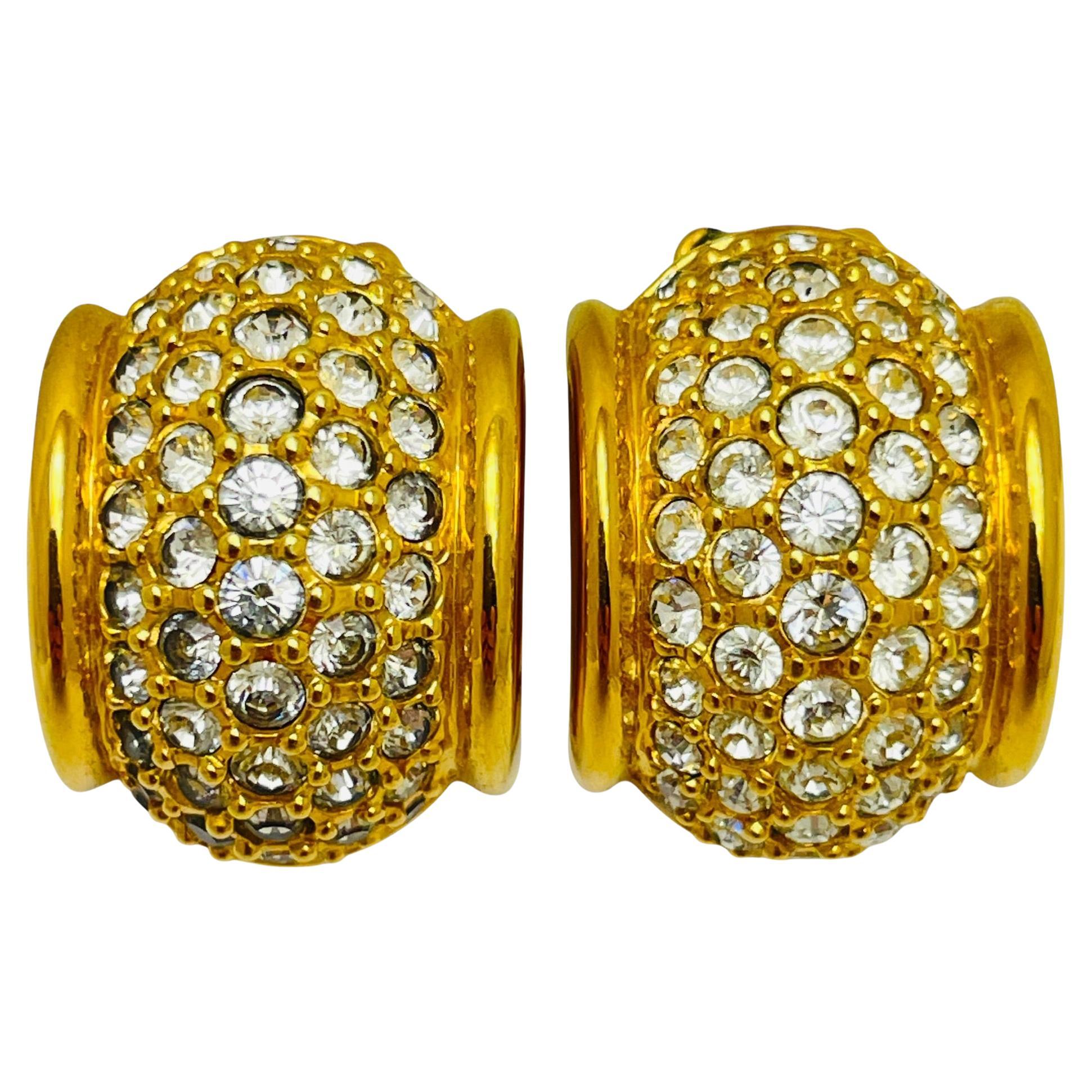 Vintage SWAROVSKI swan signed gold plated crystals designer clip on earrings