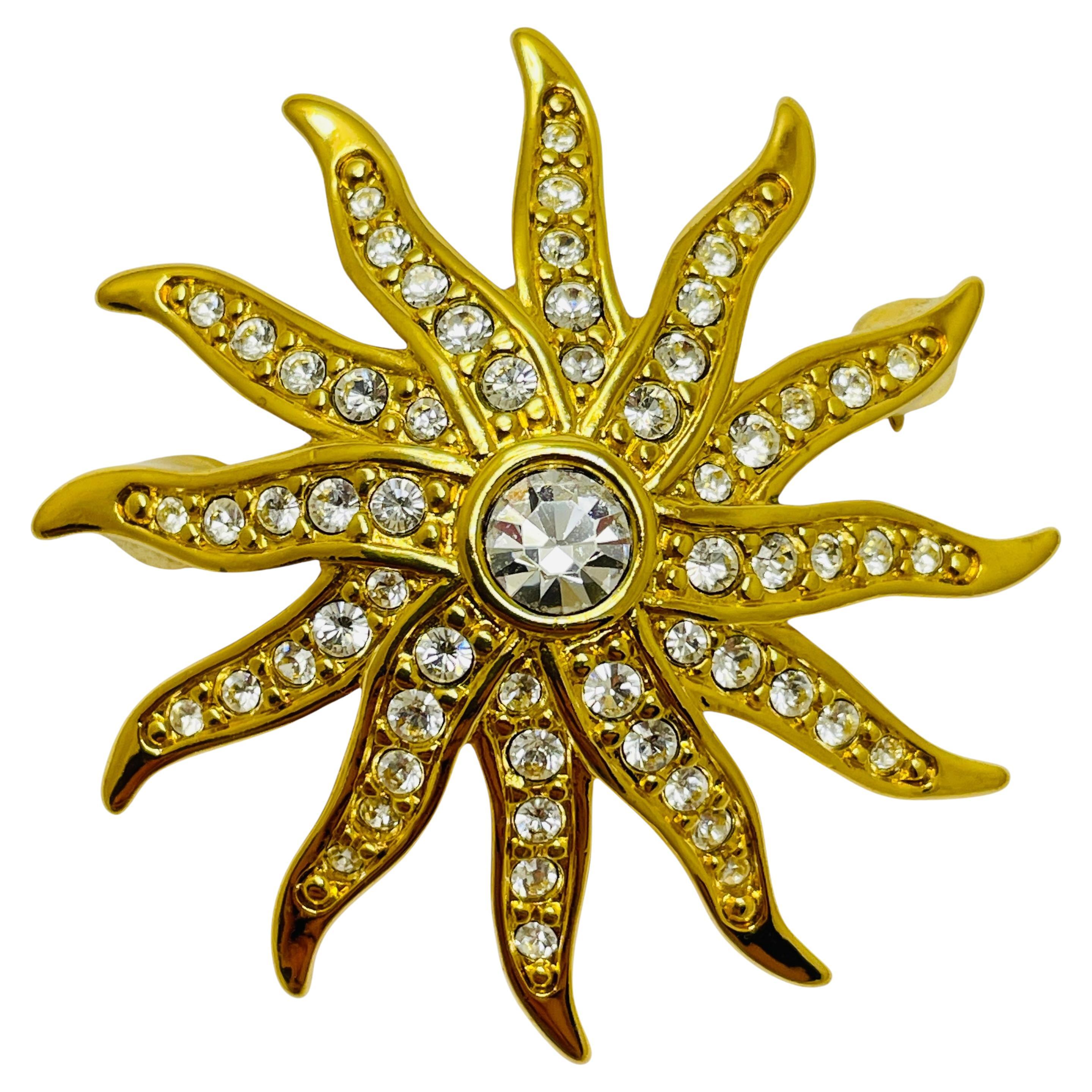 Vintage SWAROVSKI swan signed gold plated crystals sun flower designer brooch