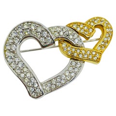 Vintage SWAROVSKI swan signed gold silver plated crystals hearts designer brooch