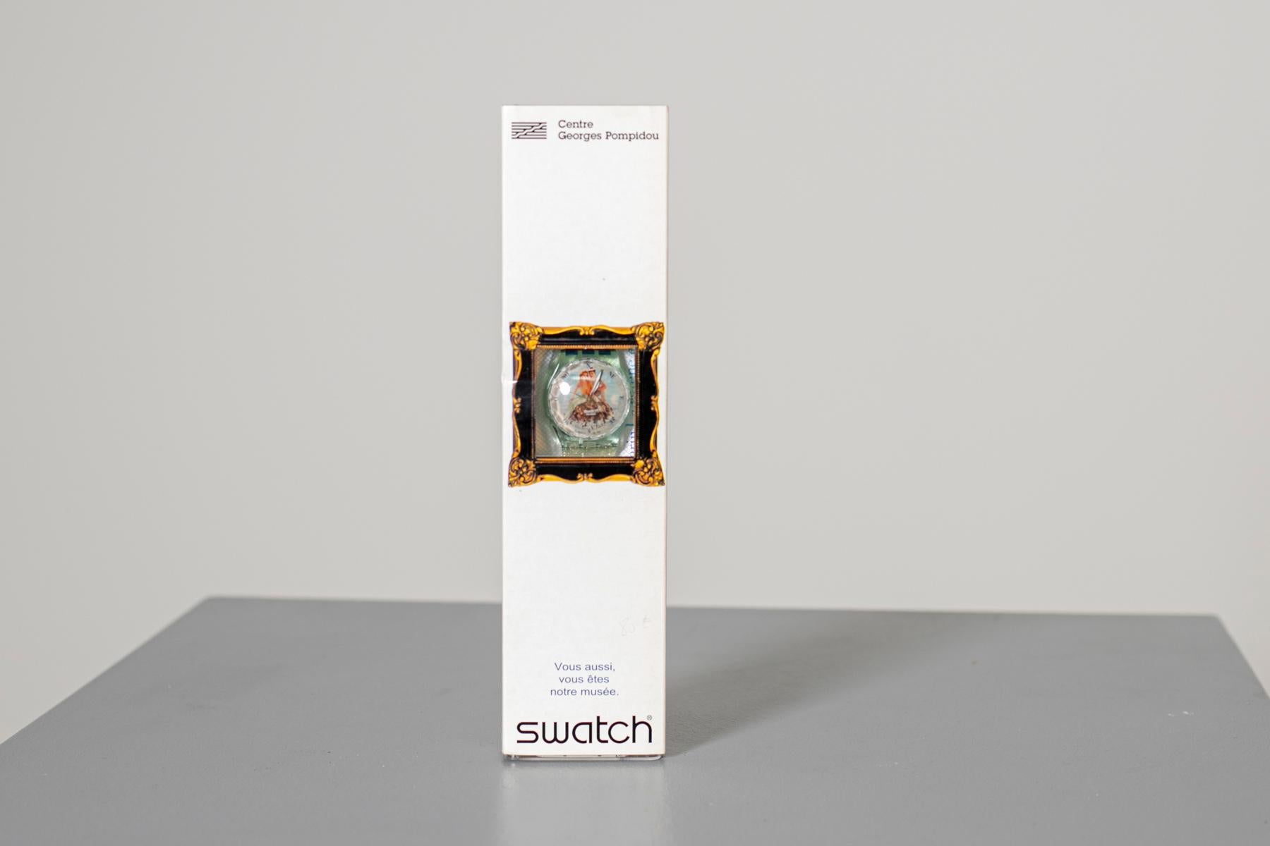 Romantic and timeless, this vintage Swatch watch is like a work of art depicting the love of a mermaid and a young sailor. Sailor stripes are drawn on the strap and the sweet portrait of lovers on the dial.
Brand new, never worn, but the box may