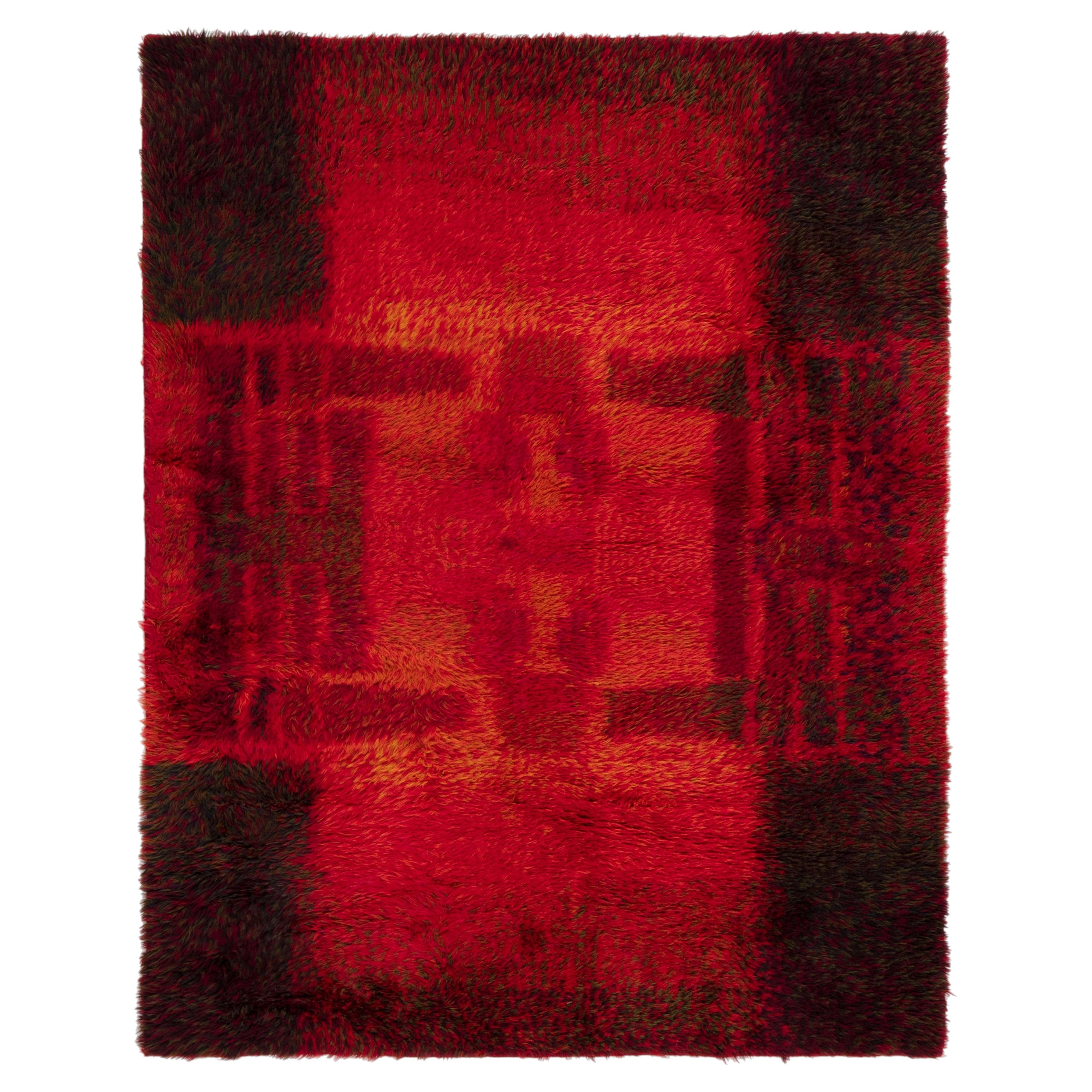 Vintage Swedish Abstract Crimson Rug Rya Pile Rug By Ritva Puotila