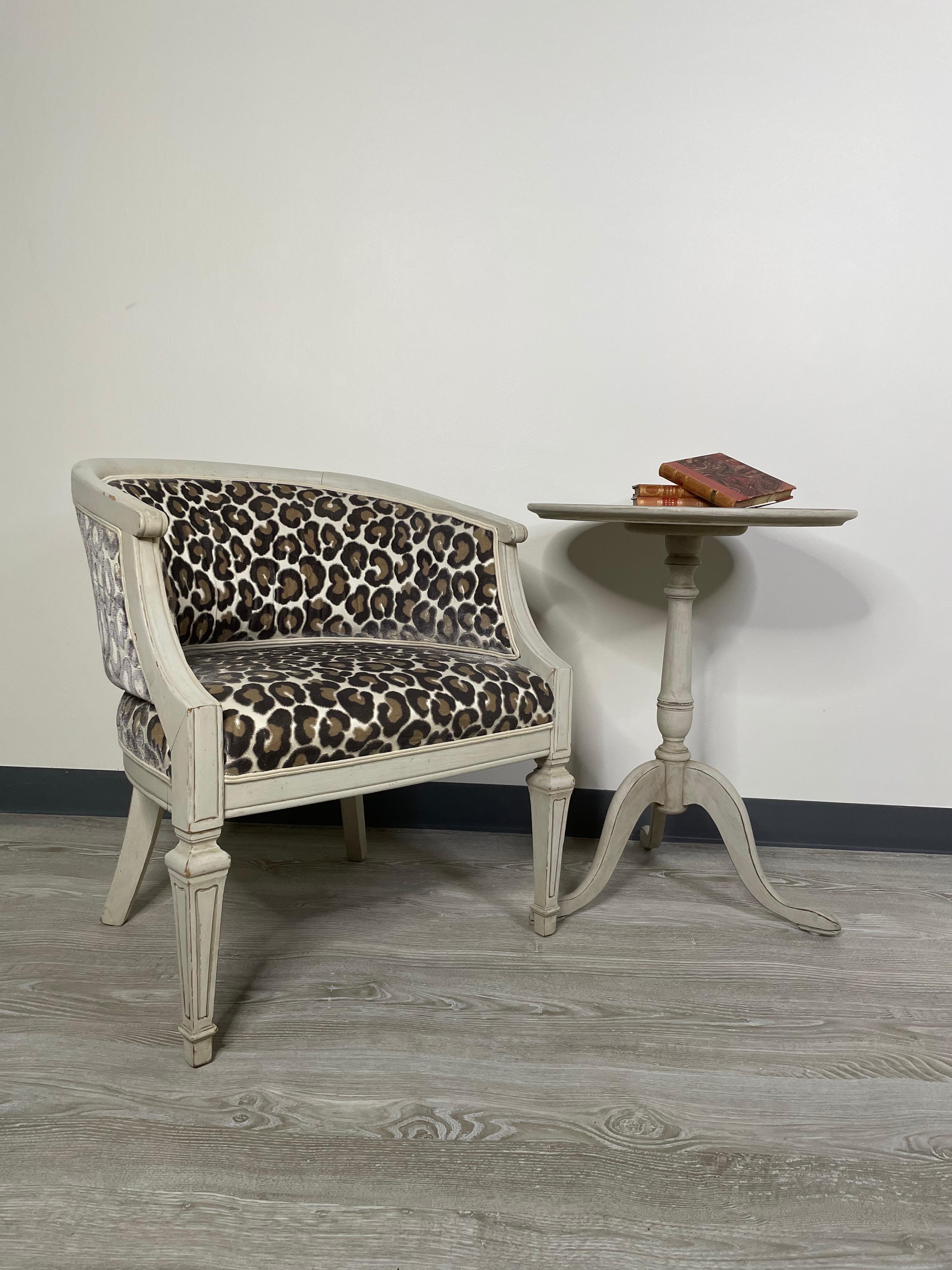 A stunning vintage Swedish barrel back chair freshly dressed in a beautiful velvet animal print from Kravet Couture. A true conversation piece that is at home in the library, lounge and sitting room.