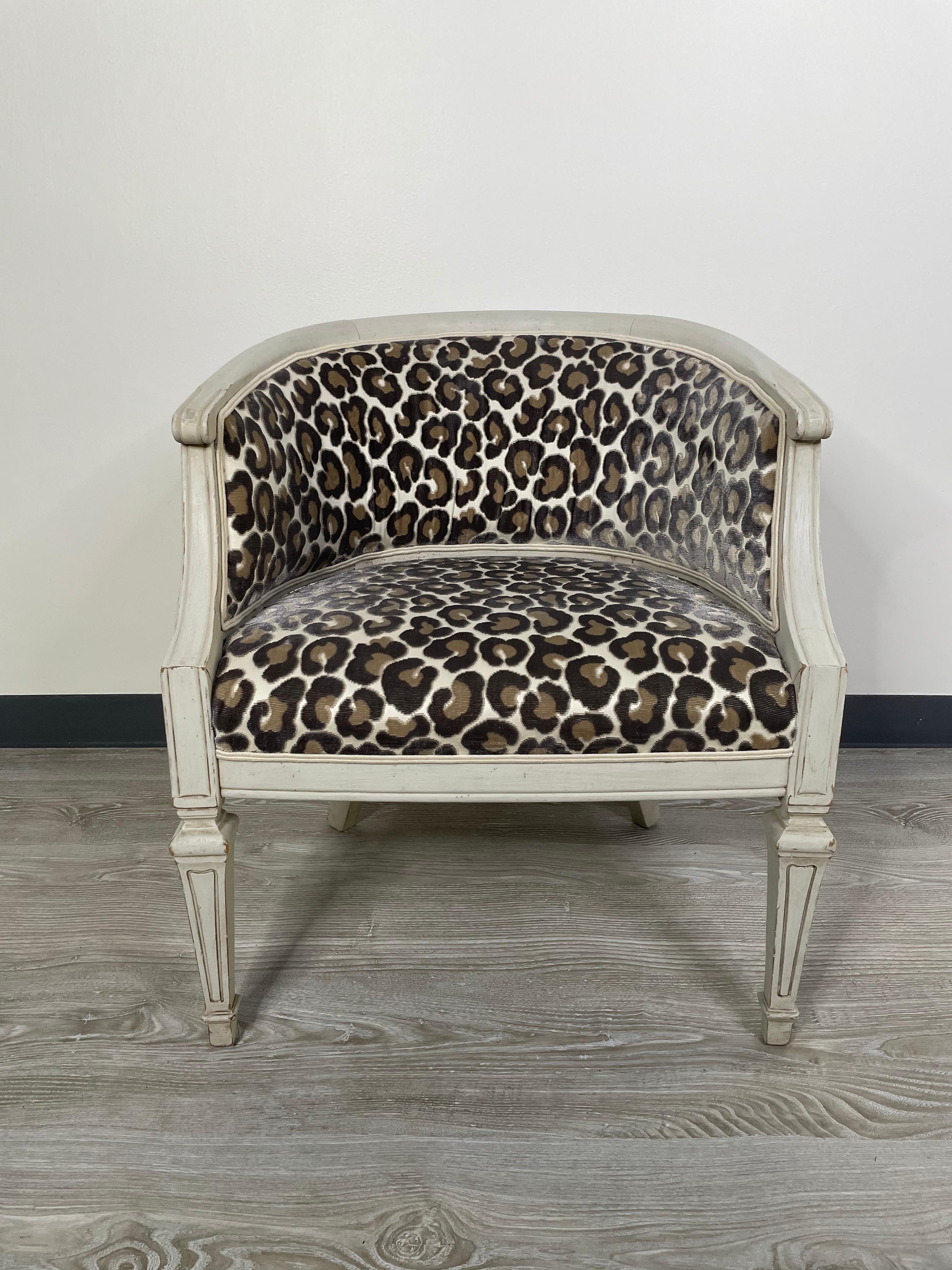 Vintage Swedish Barrel Back Chair with a Velvet Kravet Couture Animal Print In Good Condition In Dallas, TX