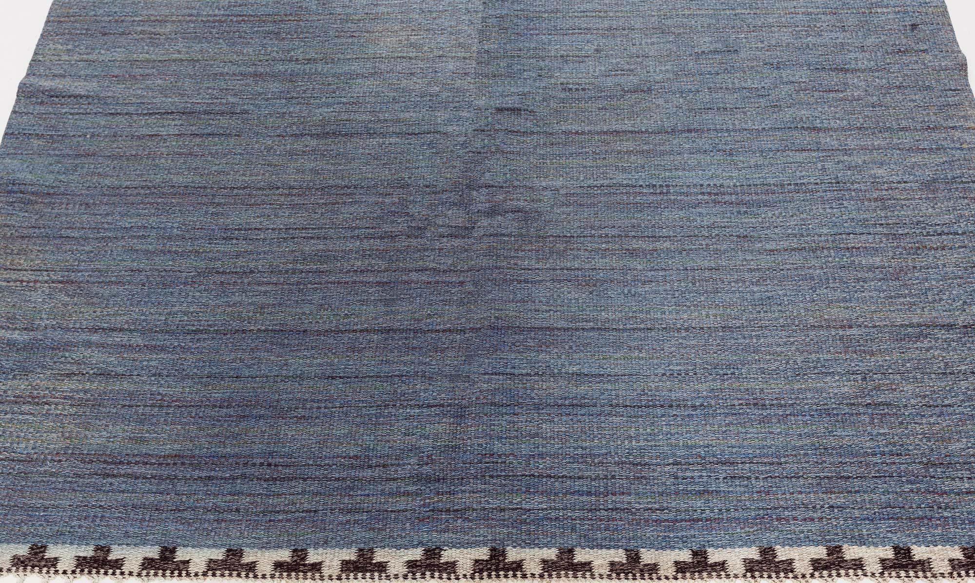 Scandinavian Vintage Swedish Beige Blue Gray Flat Woven Rug For Sale