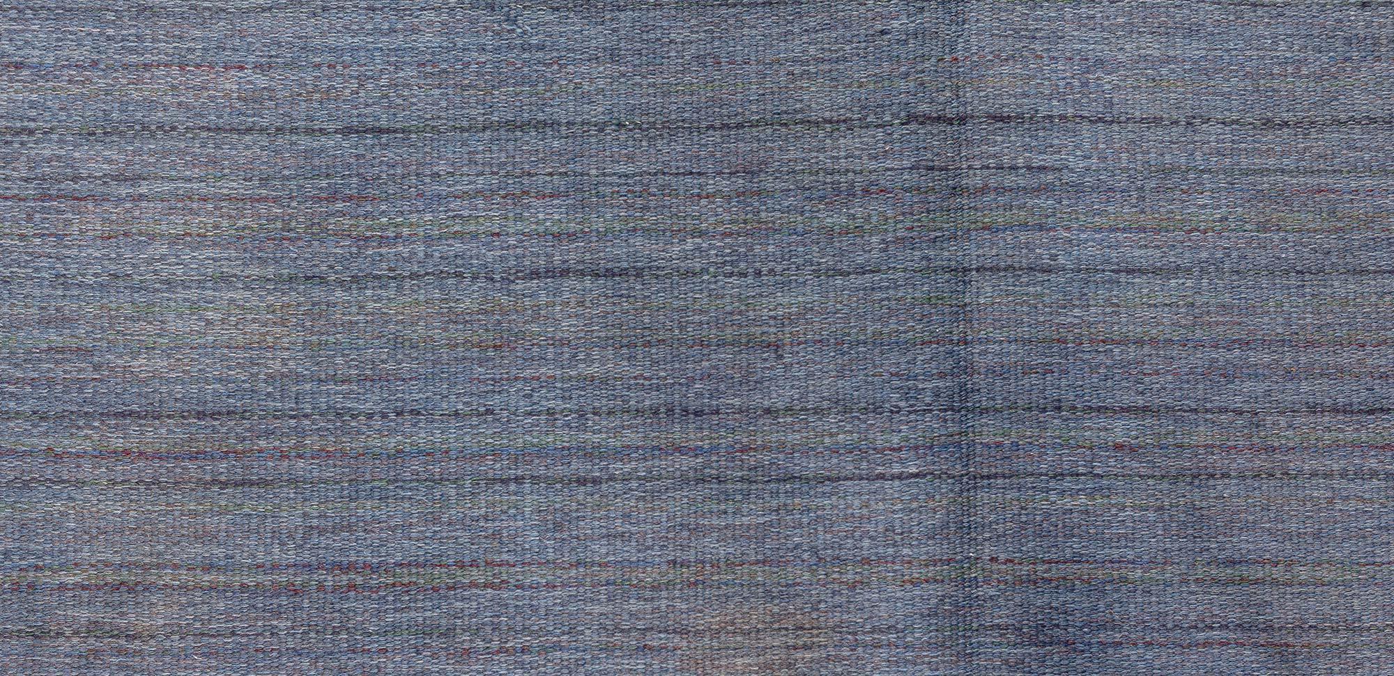 Hand-Woven Vintage Swedish Beige Blue Gray Flat Woven Rug For Sale