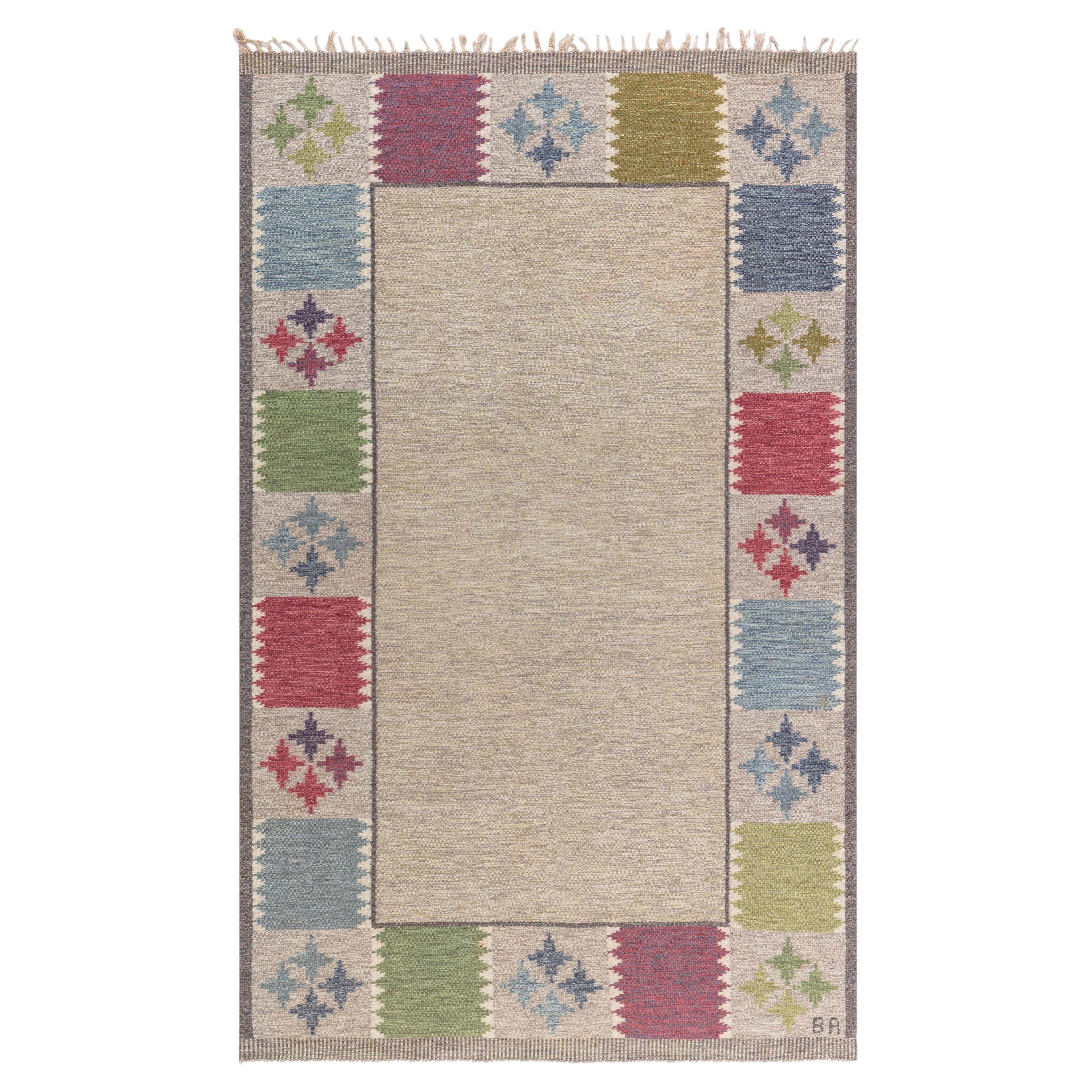 Vintage Swedish Beige Flatweave Carpet By Bitte Ahlgren Signed "BA"