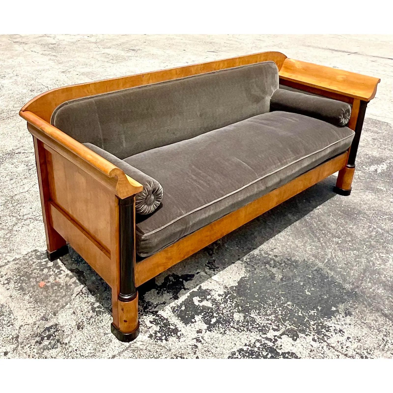 Mohair Vintage Swedish Biedermeier Maple Burl Wood Sofa