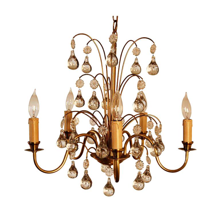 Vintage Swedish Brass and Crystal Chandelier by Orrefors