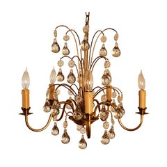 Vintage Swedish Brass and Crystal Chandelier by Orrefors