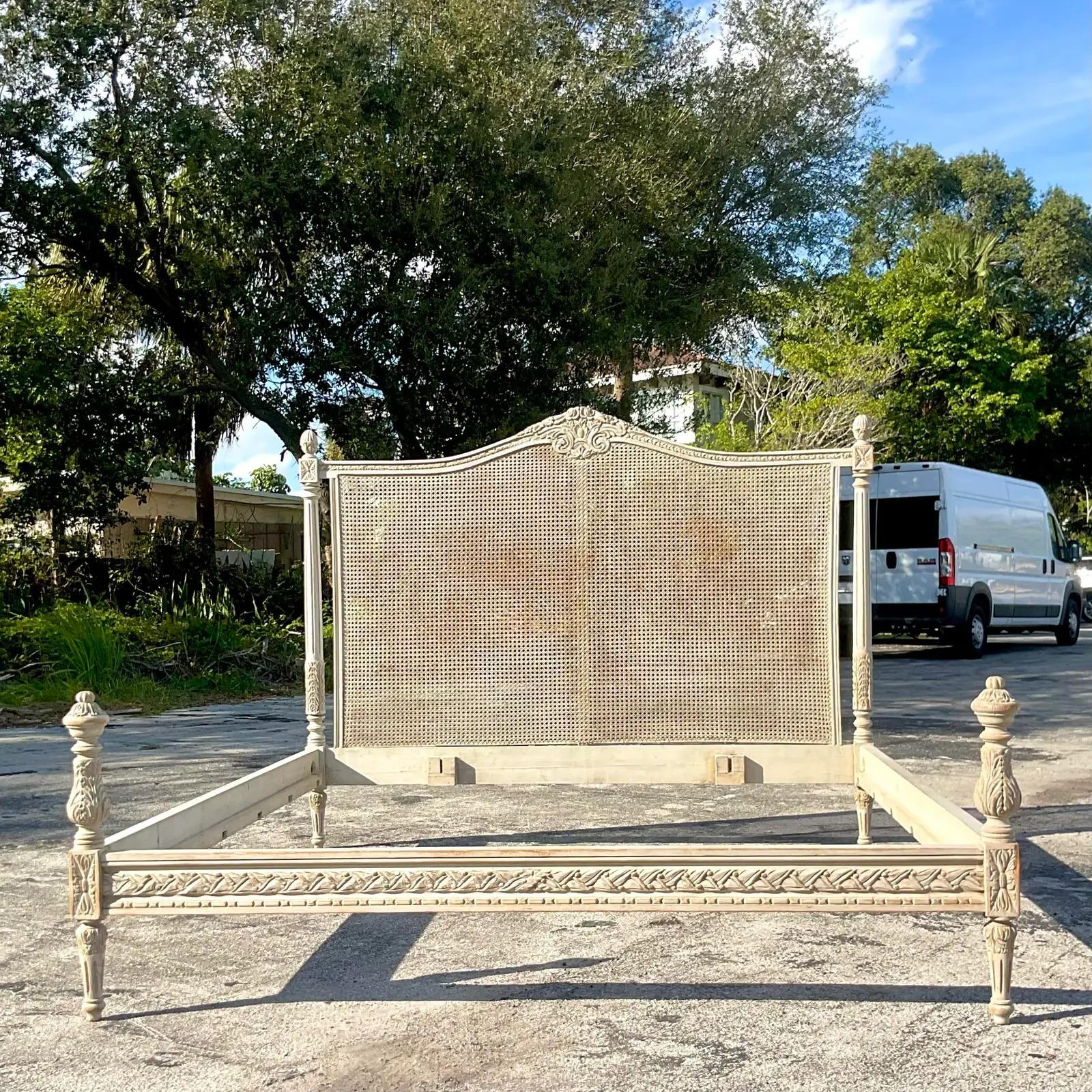 Vintage Swedish Cerused Cane King Bedframe In Good Condition In west palm beach, FL