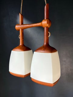 1960s Swedish Modern Double Arm Pendant Light in Teak & Glass