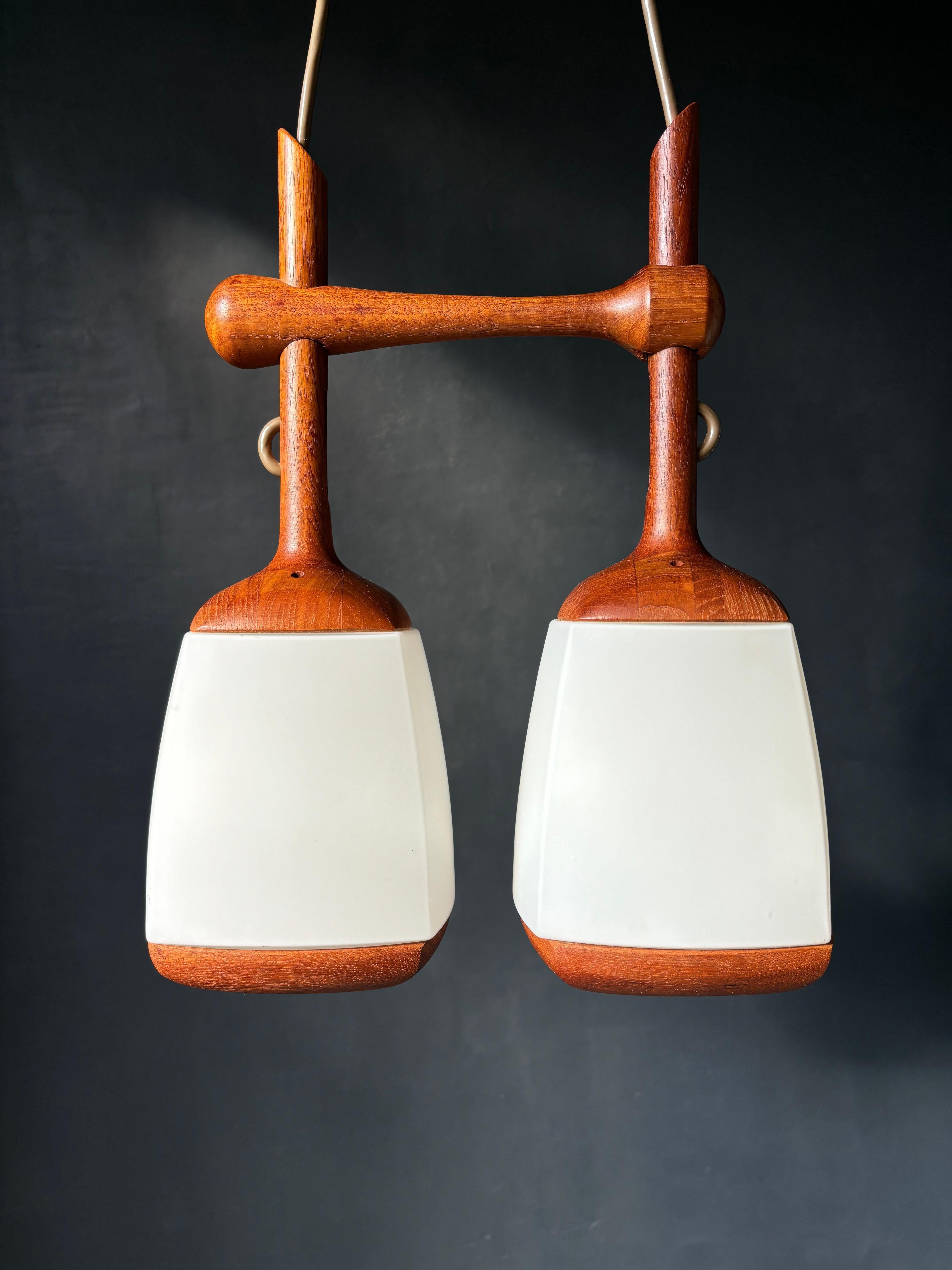 Swedish Double Arm Glass Wood Pendant, 1960s In Good Condition For Sale In Copenhagen, DK