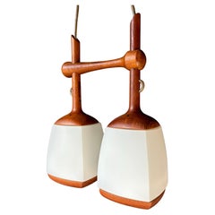 Swedish Double Arm Glass Wood Pendant, 1960s