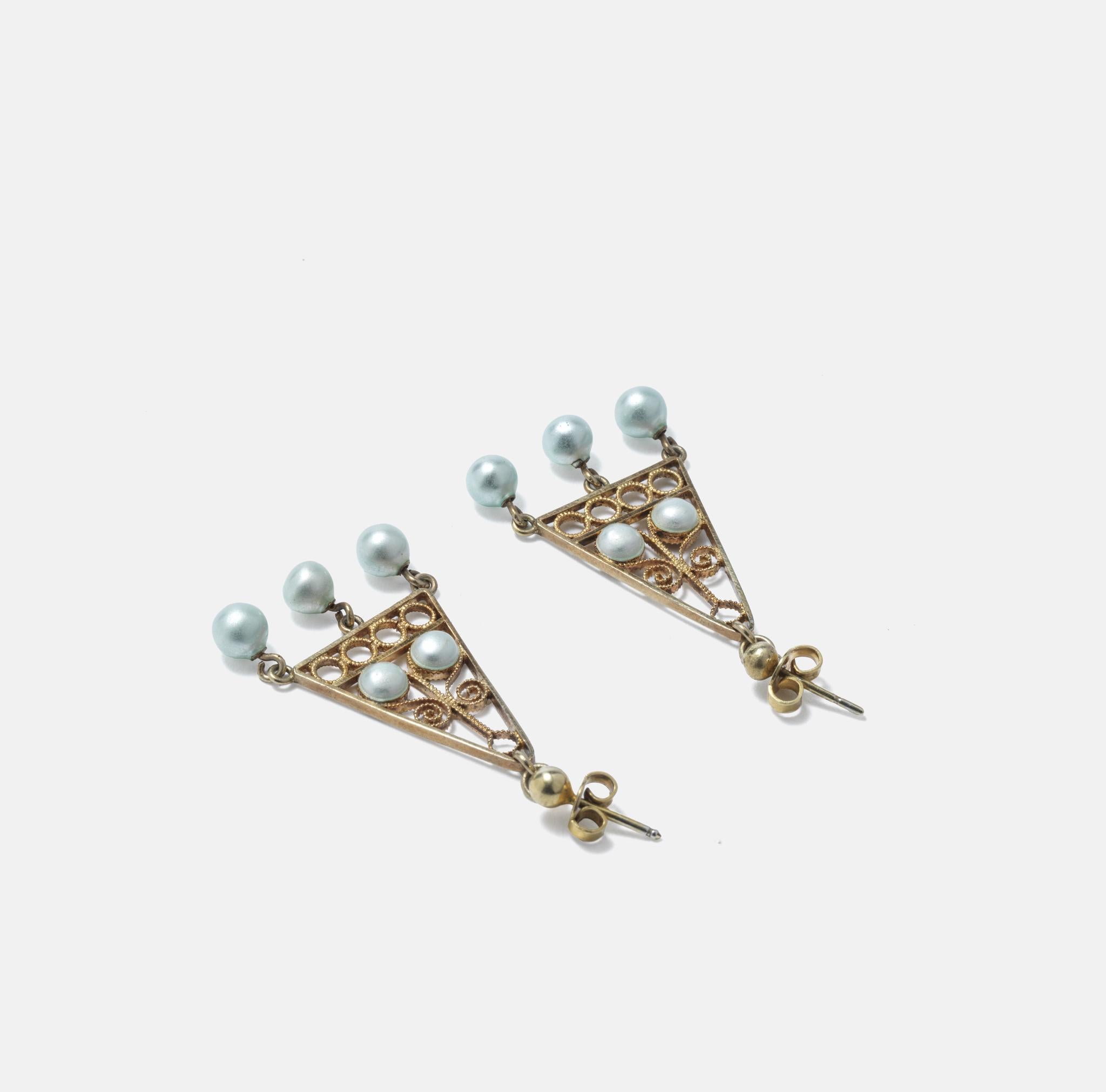 Bead Vintage Swedish earrings. Gilt silver and pearls. For Sale