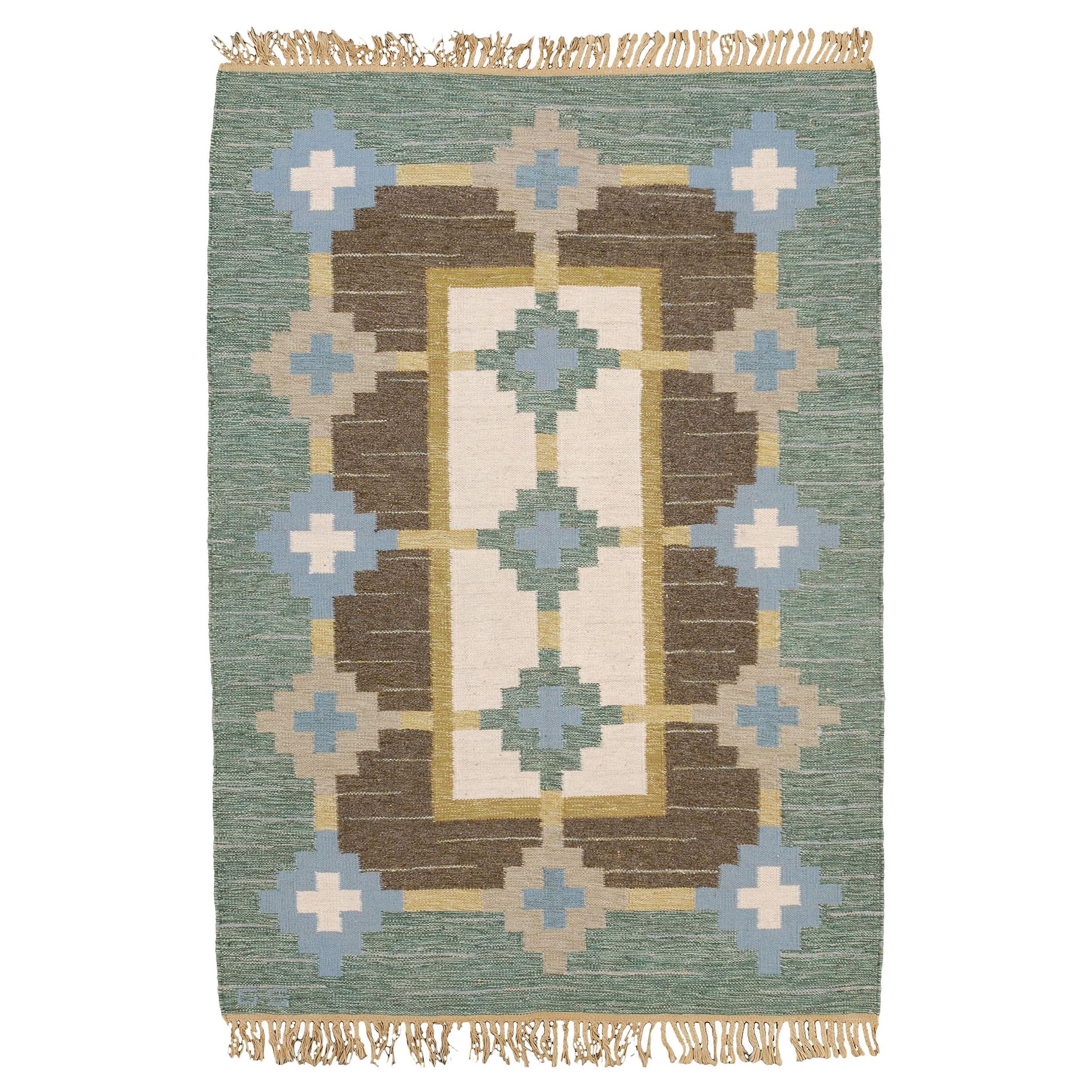 Vintage Geometric Swedish Flat Weave Carpet For Sale at 1stDibs