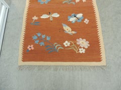 Vintage Swedish Flat-Weave Floral Runner with Hand Knotted Fringes
