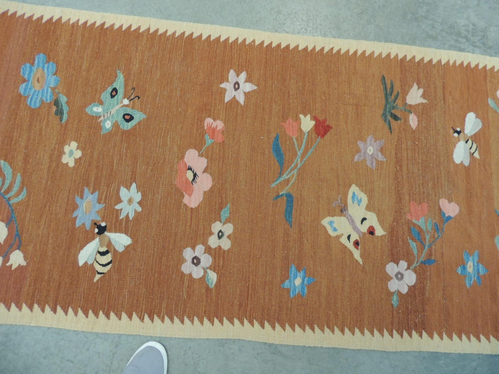 Hand-Crafted Vintage Swedish Flat-Weave Floral Runner with Hand Knotted Fringes