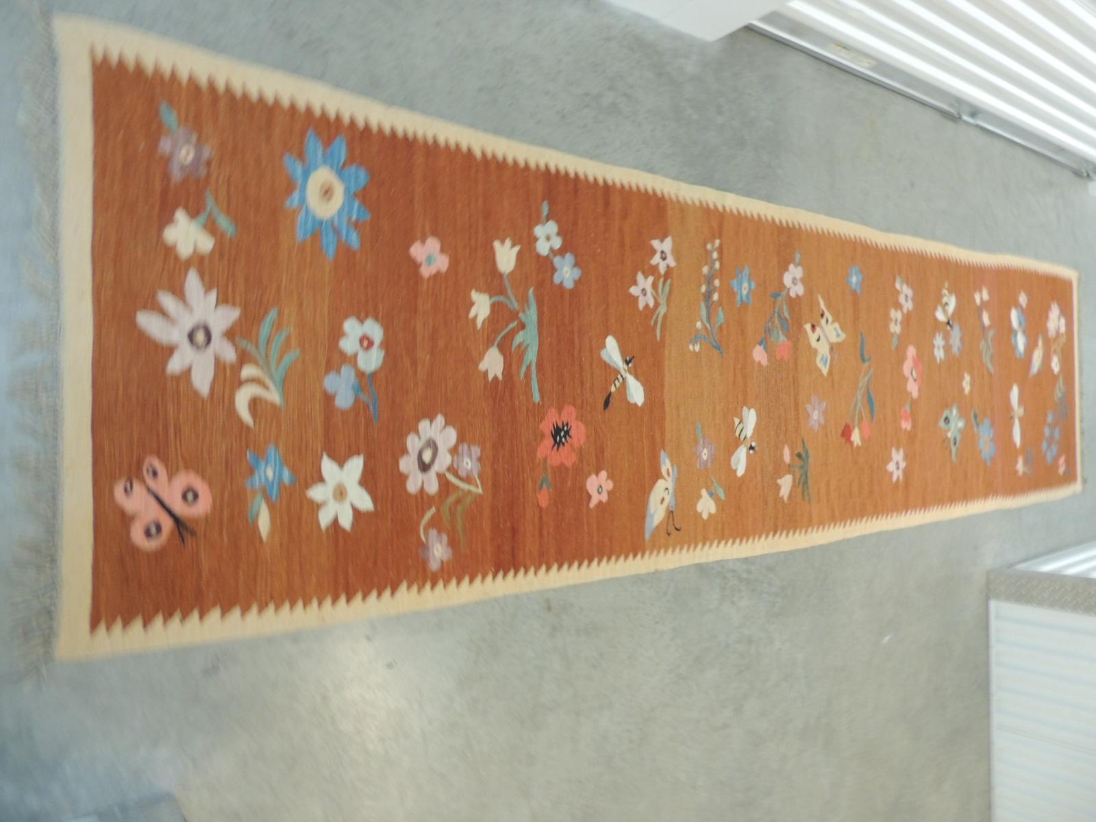 Wool Vintage Swedish Flat-Weave Floral Runner with Hand Knotted Fringes