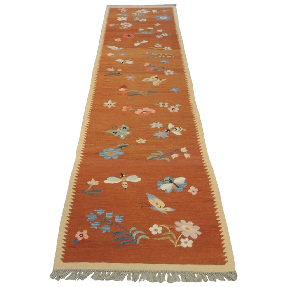 Vintage Swedish Flat-Weave Floral Runner with Hand Knotted Fringes
