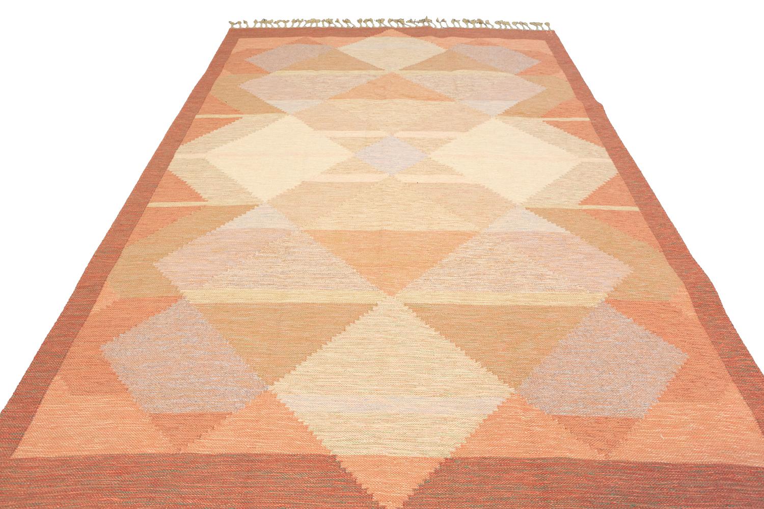 This is a semi-antique Swedish kilim woven during the mid-20th century circa 1950 and measures 282 x 194CM in size. This piece has a highly modern geometric design with complete and broken diamonds which create a multilayered effect and the