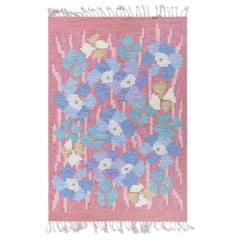 Schwedischer Vintage-Flachgewebeteppich mit Blumendesign Doris Leslie Blau