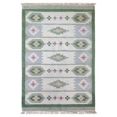 Vintage Swedish Flat-Weave Rug Kilim Rölakan Geometric Design in Shades of Green