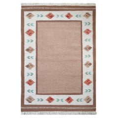 Vintage Swedish Flat-Weave Rug Röllakan Geometric Design in Shades of Brown