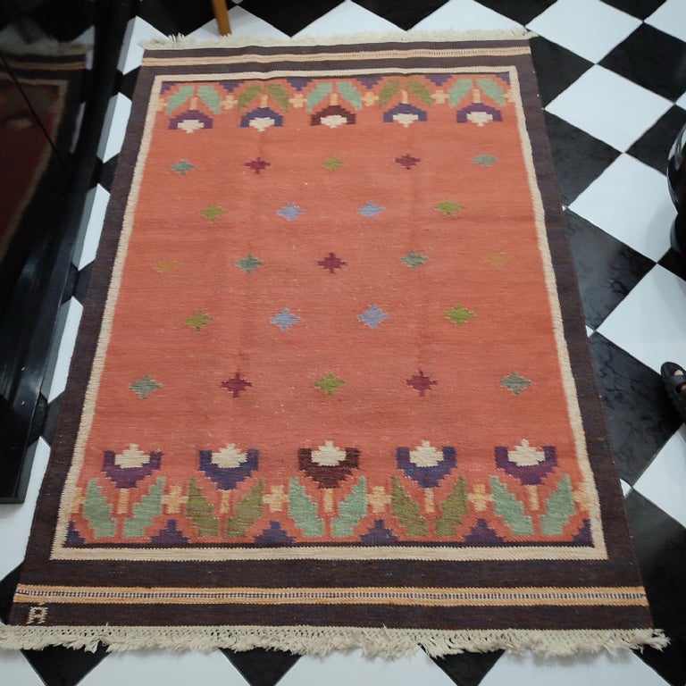 Hand-Woven Vintage Swedish Flat-Weave Rug Signed by Anna Johanna Angstrom For Sale