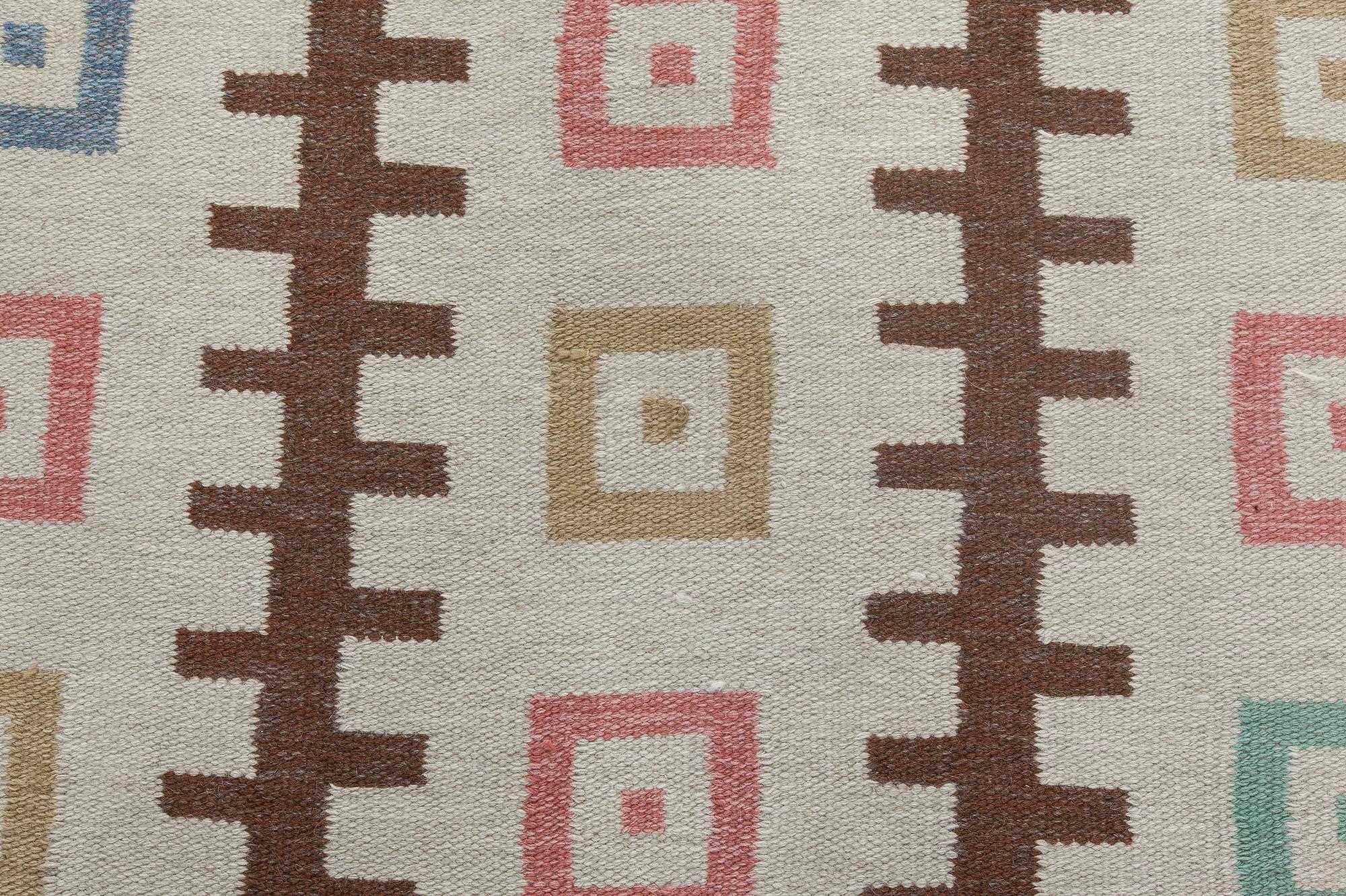 Vintage Swedish Flat-Weave Rug Signed 