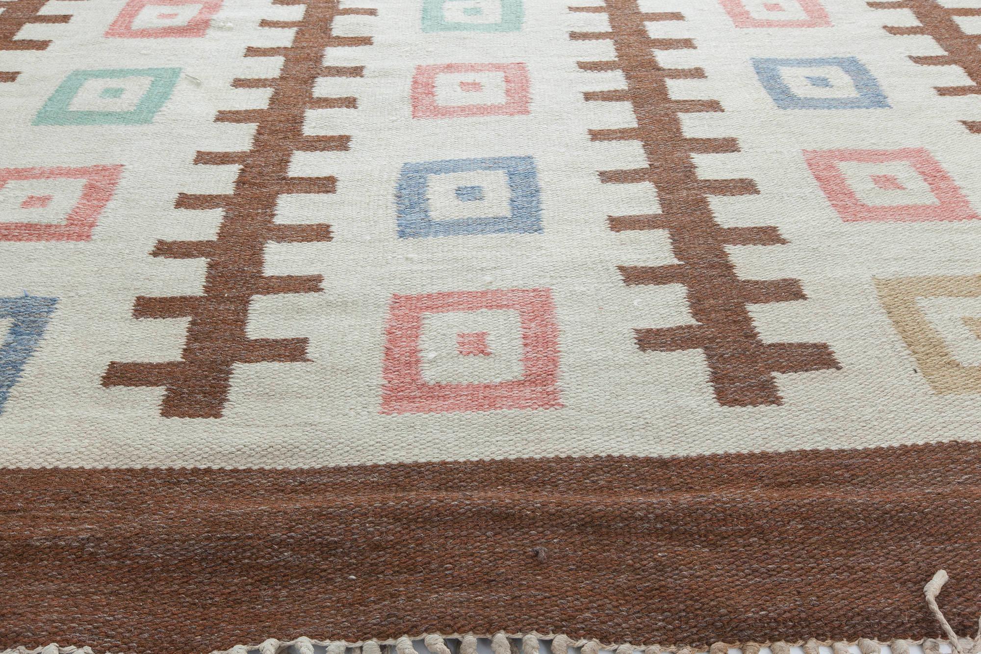 Hand-Woven Vintage Swedish Flat-Weave Rug Signed 