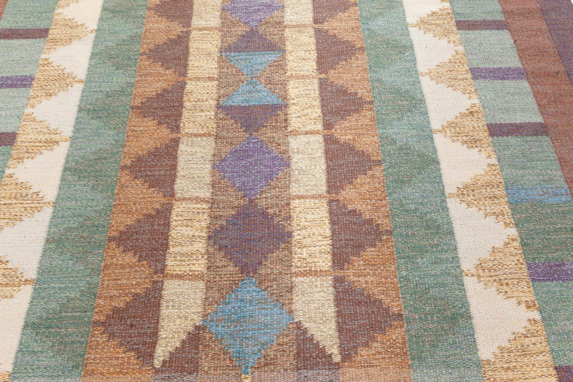 Mid-Century Modern Vintage Swedish Flat Weave Rug Signed with Initials 'IV' For Sale