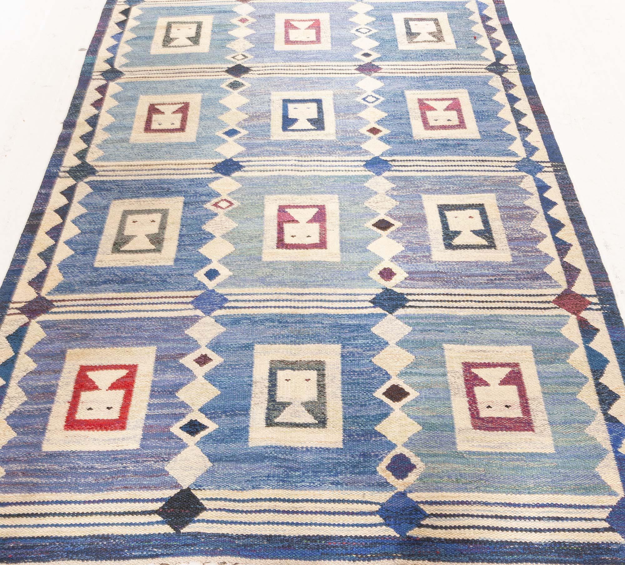 Hand-Woven Vintage Swedish Flat Weave Rug “The Girls in the Window” Designed by Edna Martin For Sale