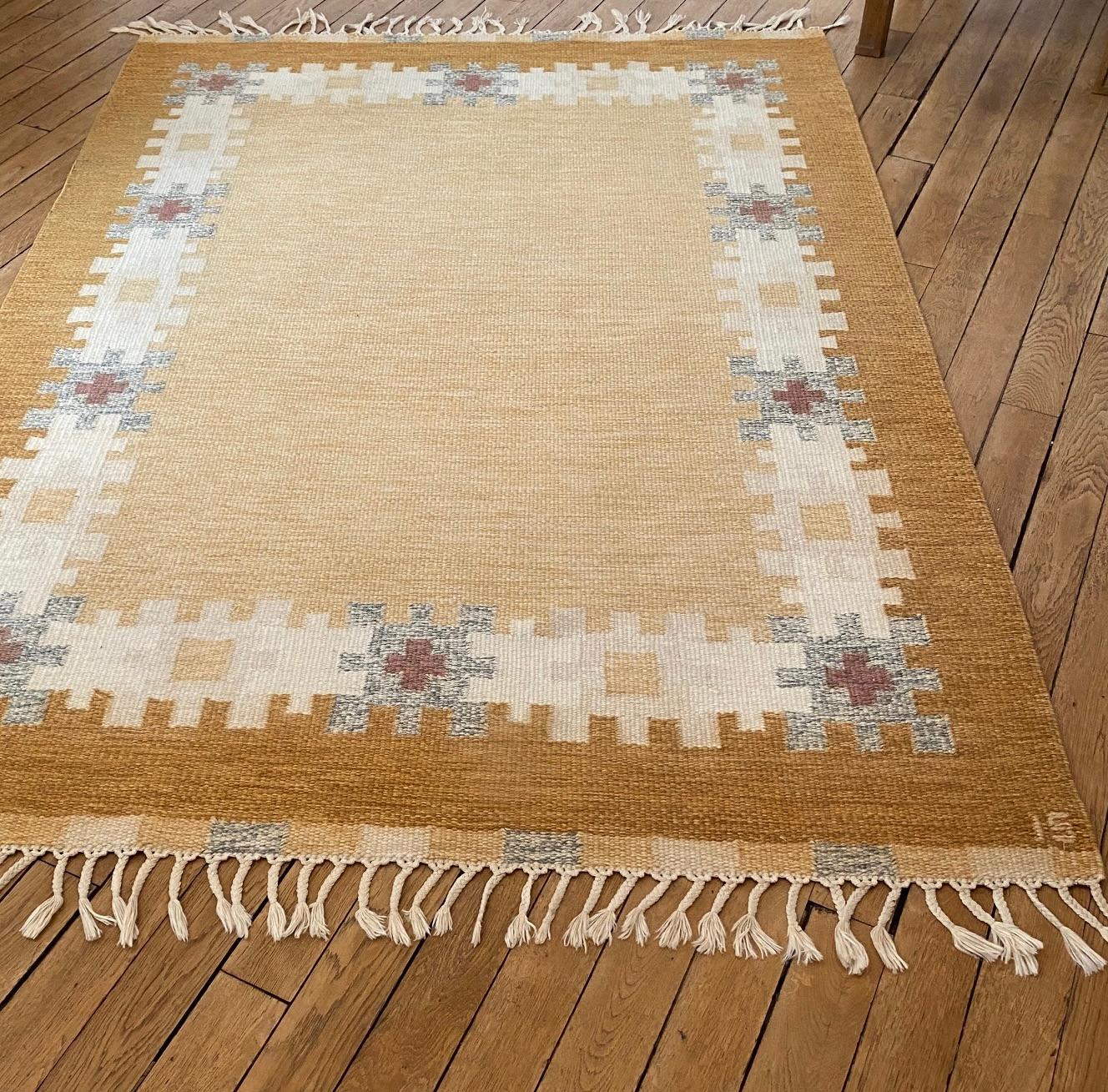 Vintage Swedish Flat-Weave Wood Carpet Signed by Ingegerd Silow For Sale 1