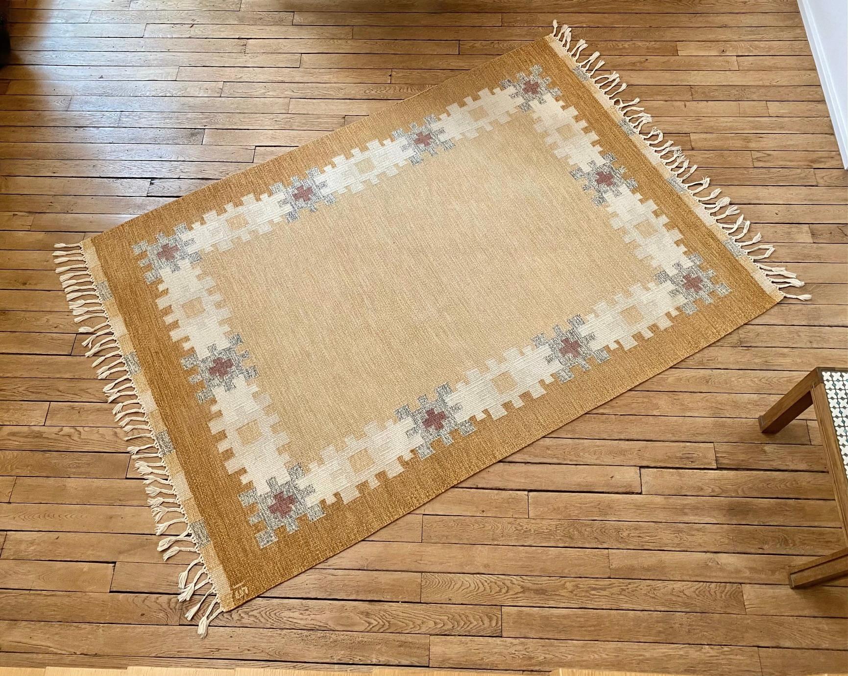 Vintage Swedish Flat-Weave Wood Carpet Signed by Ingegerd Silow For Sale 2