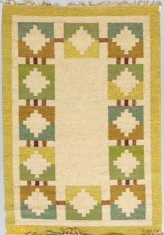 Schwedischer Flachgewebeteppich aus Holz:: signiert von Karin Jönsson