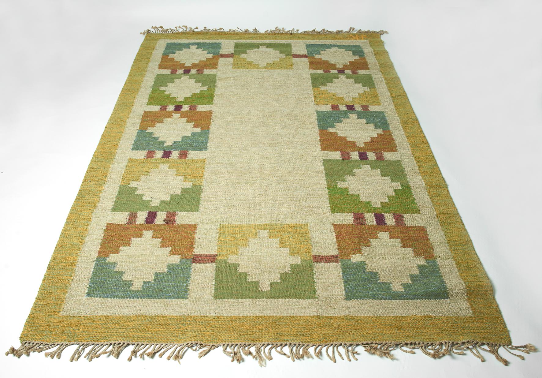 Vintage Swedish Flat-Weave Wood Carpet Signed by Karin Jönsson In Good Condition In Paris, FR