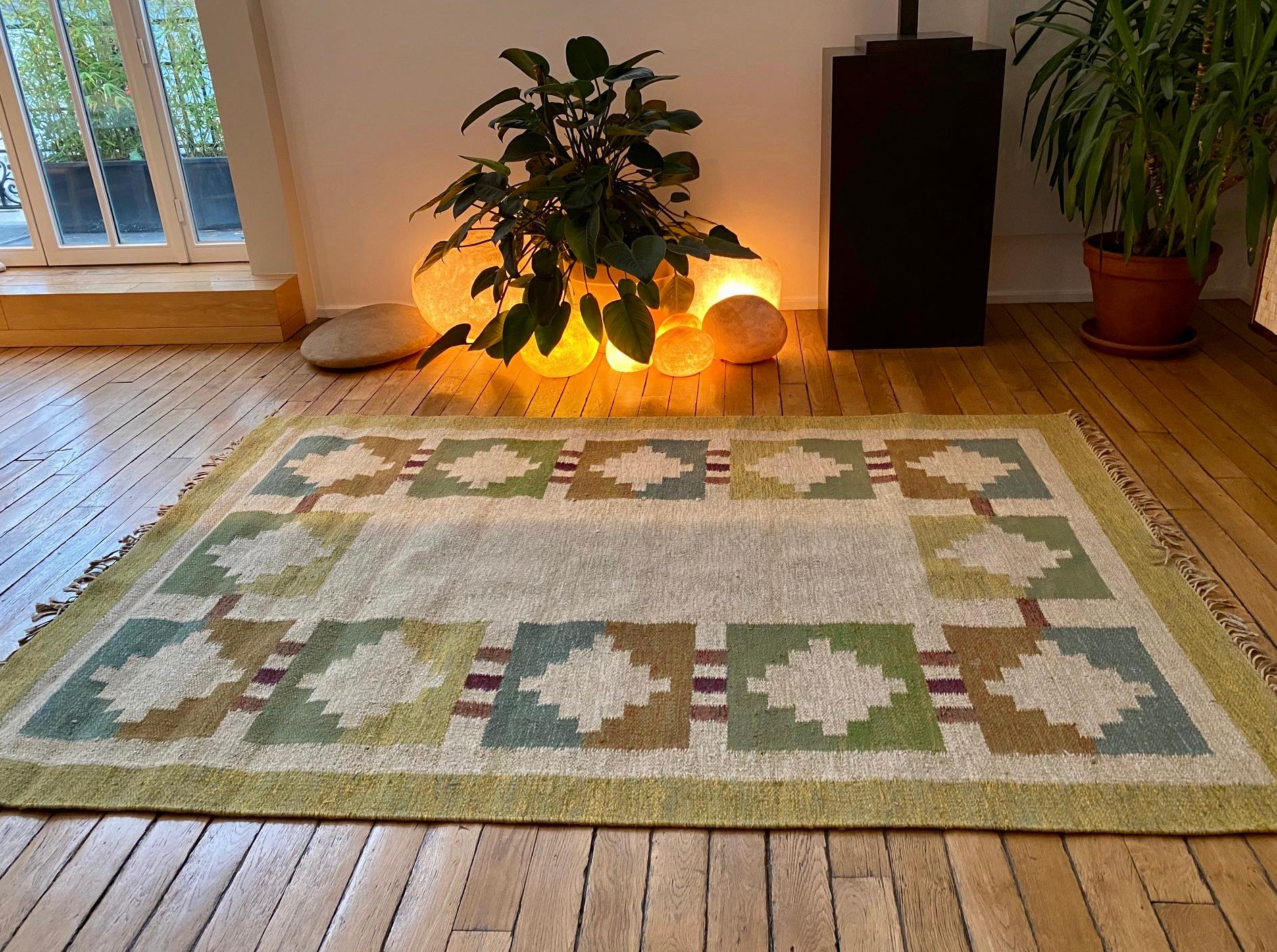 Vintage Swedish Flat-Weave Wood Carpet Signed by Karin Jönsson 1