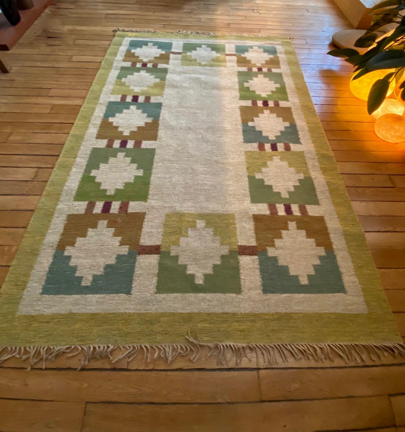 Vintage Swedish Flat-Weave Wood Carpet Signed by Karin Jönsson 3