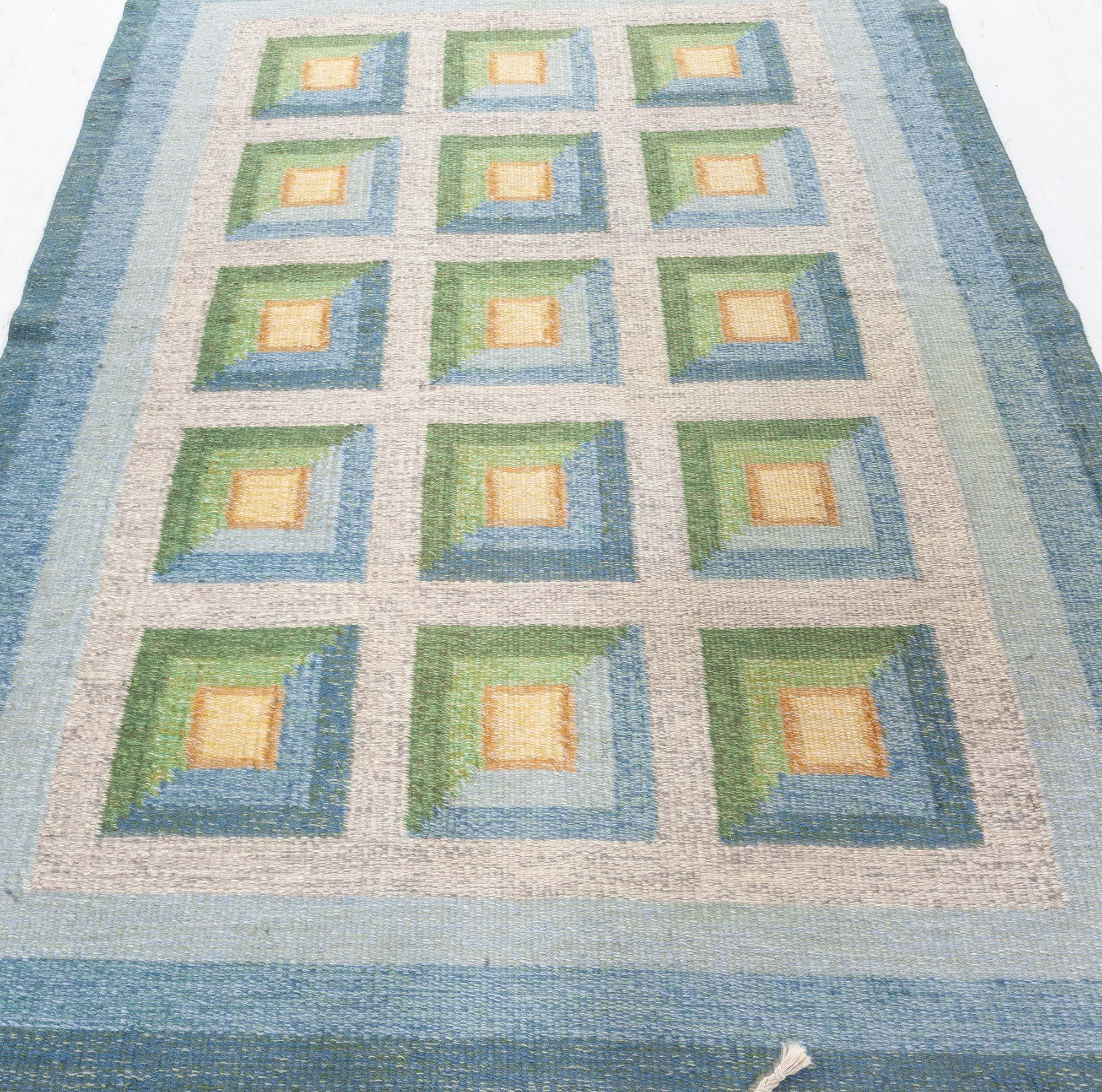 Hand-Woven Vintage Swedish Flat Woven Rug by Alice Walleback For Sale