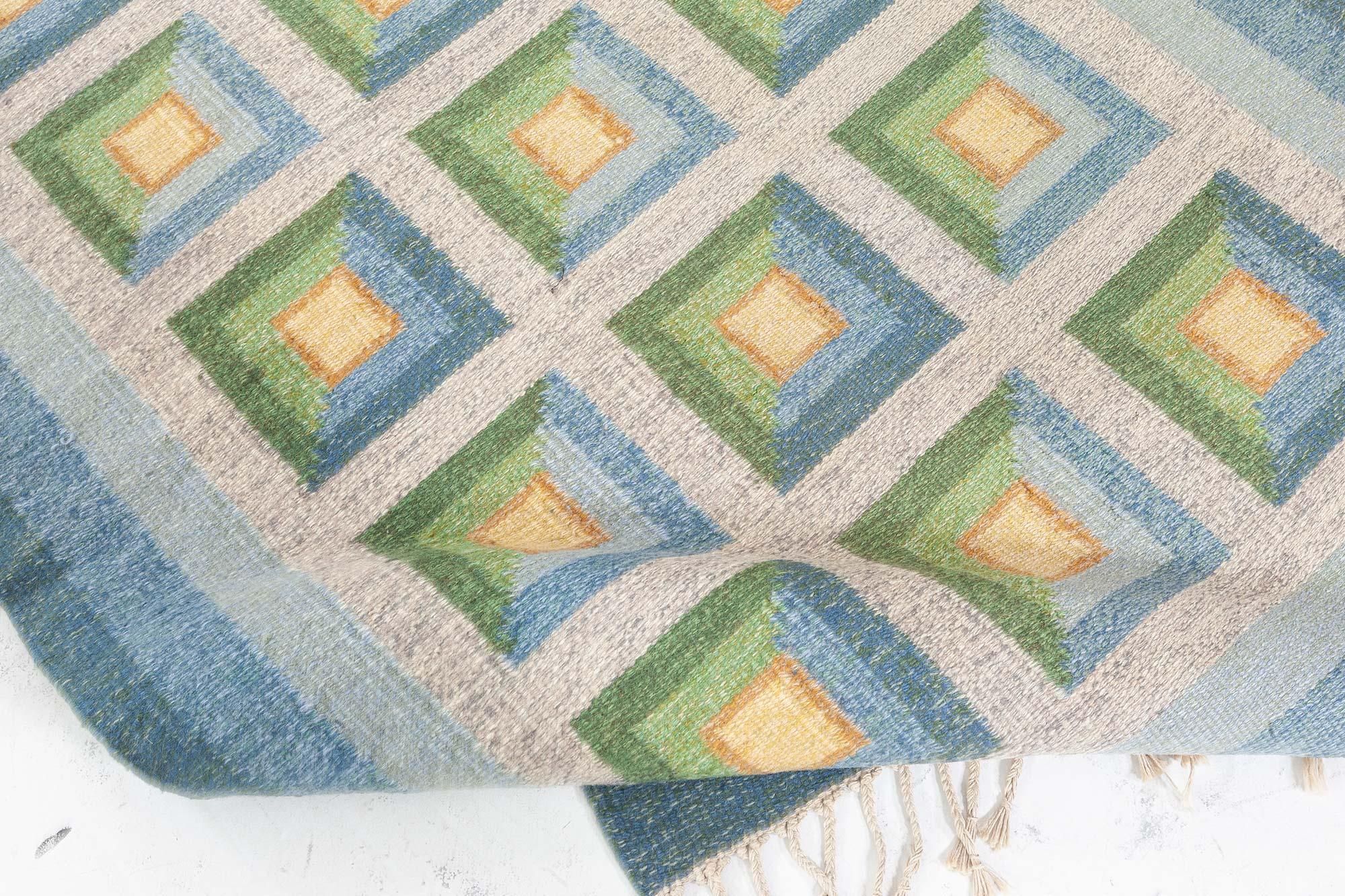 Wool Vintage Swedish Flat Woven Rug by Alice Walleback For Sale