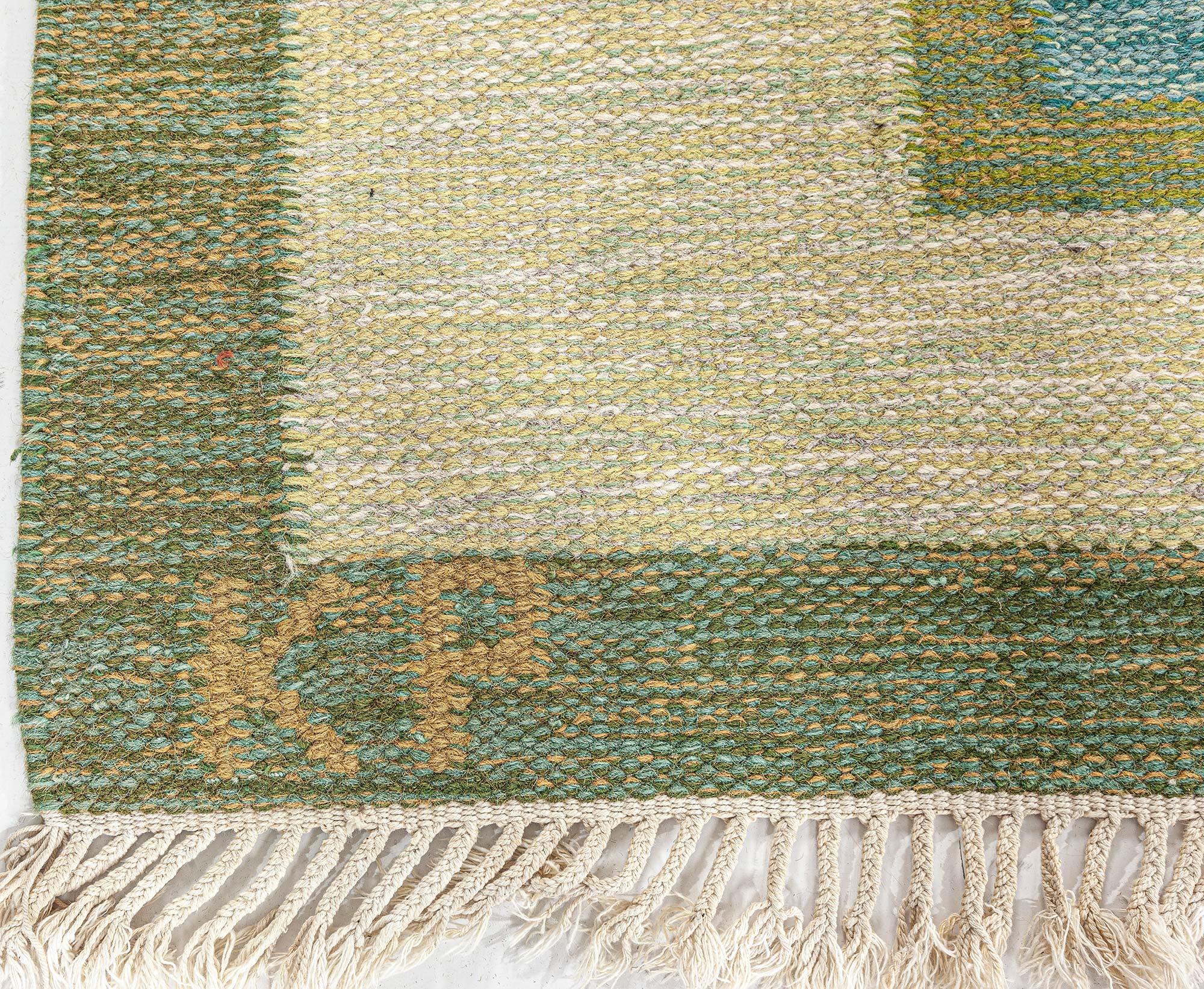 Mid-Century Modern Vintage Swedish Flat Woven Rug Signed 'KP' For Sale