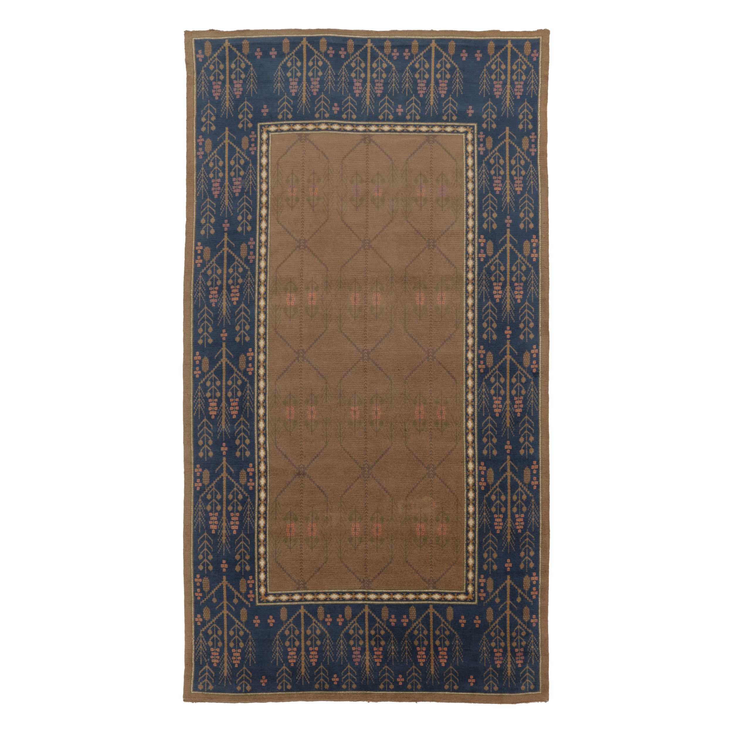 Vintage Swedish "Flossa" Rug, obacco Brown & Navy Botanical Border - Rug & Kilim