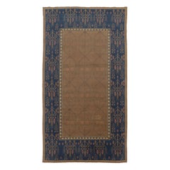 Vintage Swedish "Flossa" Rug, obacco Brown & Navy Botanical Border - Rug & Kilim