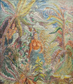 Vintage Swedish Framed Embroidery of a Native Woman in a Tropical Environment