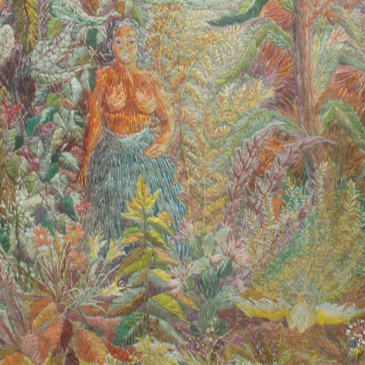 Vintage Swedish Framed Embroidery of a Native Woman in a Tropical Environment In Good Condition For Sale In Stockholm, SE